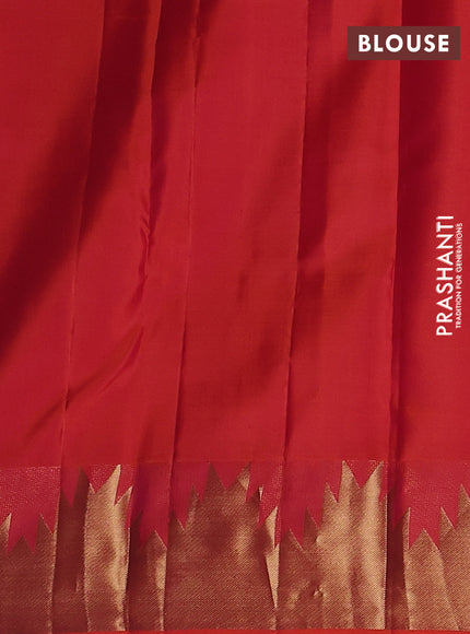 Pure kanchipuram silk saree orange with plain body and temple design zari woven border