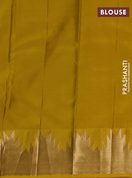 Pure kanchipuram silk saree lime yellow with plain body and temple design zari woven border