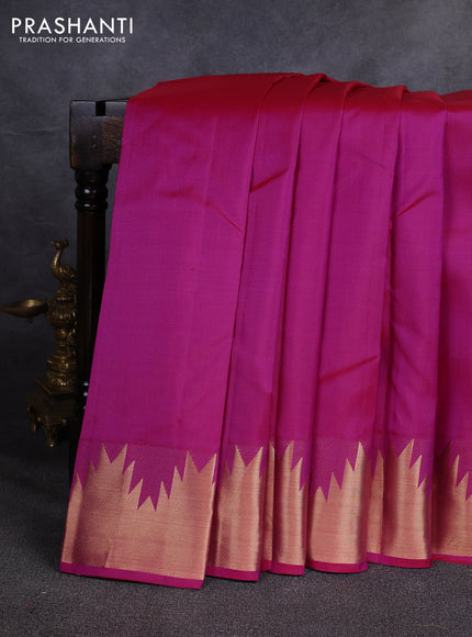 Pure kanchipuram silk saree pink with plain body and temple design zari woven border