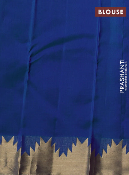 Pure kanchipuram silk saree dual shade of bluish green with plain body and temple design zari woven border