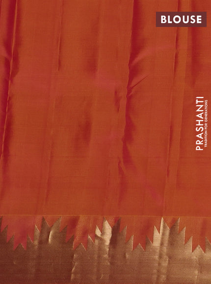 Pure kanchipuram silk saree dual shade of pinkish yellow with plain body and temple design zari woven border