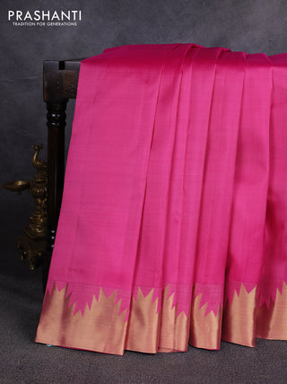 Pure kanchipuram silk saree pink with plain body and temple design zari woven border