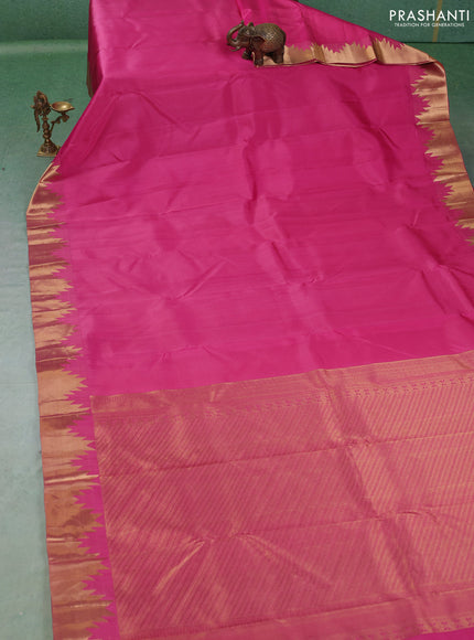 Pure kanchipuram silk saree pink with plain body and temple design zari woven border