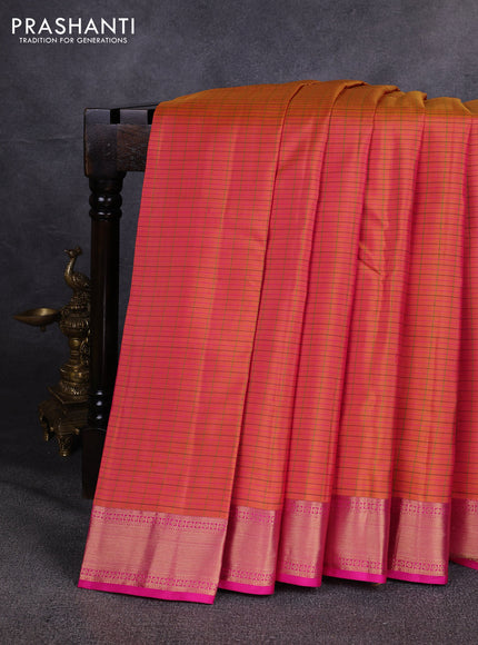 Pure kanchipuram silk saree dual shade of pinkish yellow and pink with allover checked pattern and zari woven border