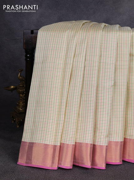 Pure kanchipuram silk saree cream and pink with allover checked pattern and zari woven border