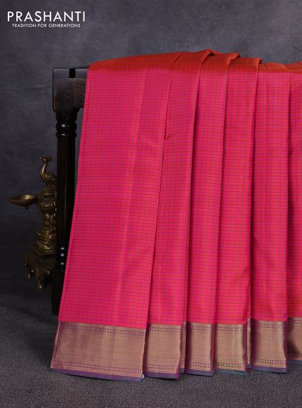 Pure kanchipuram silk saree orange and green with allover checked pattern and zari woven border