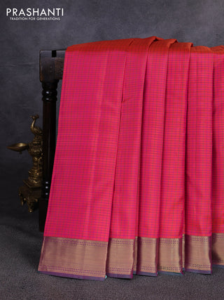 Pure kanchipuram silk saree orange and green with allover checked pattern and zari woven border