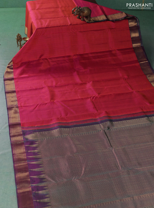 Pure kanchipuram silk saree orange and green with allover checked pattern and zari woven border
