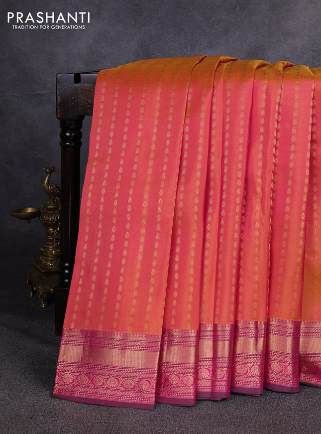 Pure kanchipuram silk saree rust shade and pink with allover zari woven buttas and zari woven border