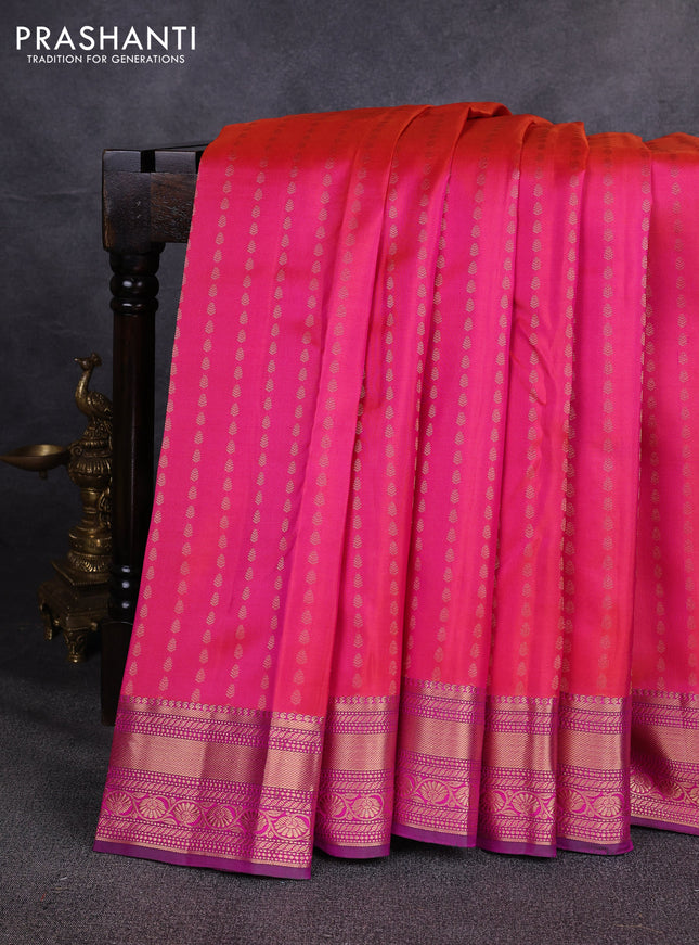 Pure kanchipuram silk saree dual shade of pink and magenta pink with allover zari woven buttas and zari woven border