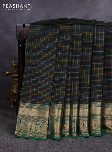 Pure kanchipuram silk saree black and green with allover small checks & buttas and zari woven border