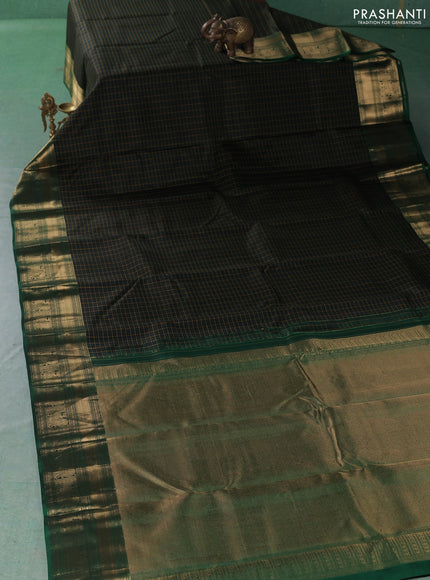 Pure kanchipuram silk saree black and green with allover small checks & buttas and zari woven border