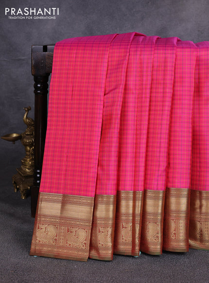 Pure kanchipuram silk saree pink and green with allover small checks & buttas and zari woven border