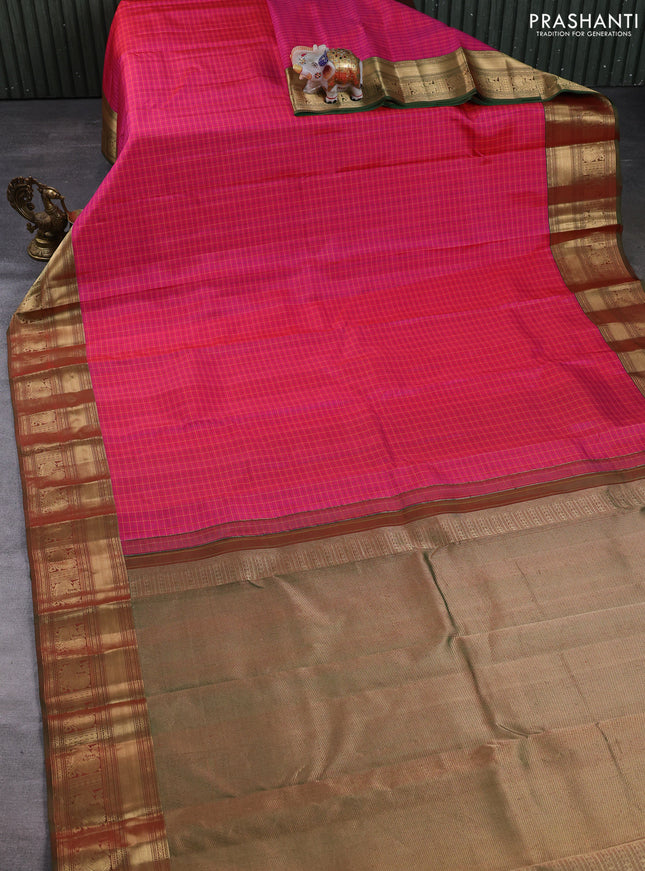 Pure kanchipuram silk saree pink and green with allover small checks & buttas and zari woven border