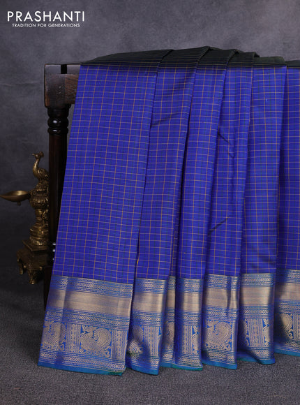 Pure kanchipuram silk saree blue and dual shade of green with allover small checks & buttas and zari woven border