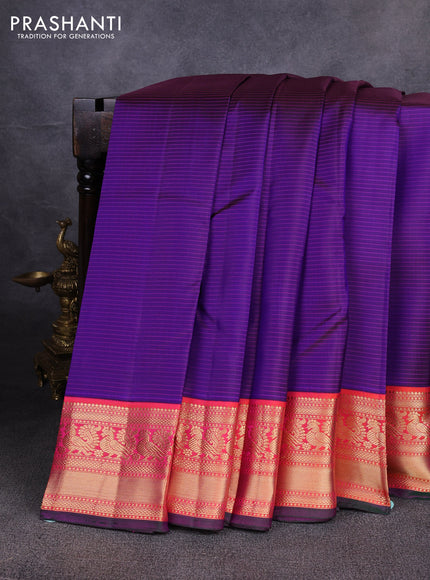 Pure kanchipuram silk saree violet and red with allover stripe pattern and zari woven korvai border