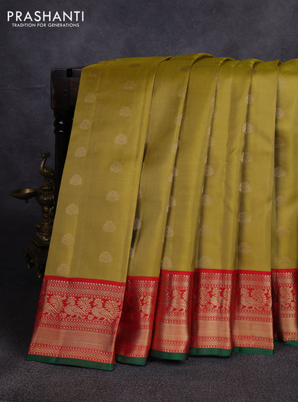 Pure kanchipuram silk saree mehendi green and red with allover zari woven buttas and zari woven korvai border
