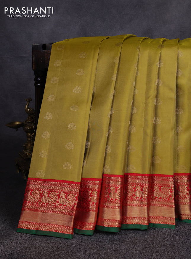 Pure kanchipuram silk saree mehendi green and red with allover zari woven buttas and zari woven korvai border