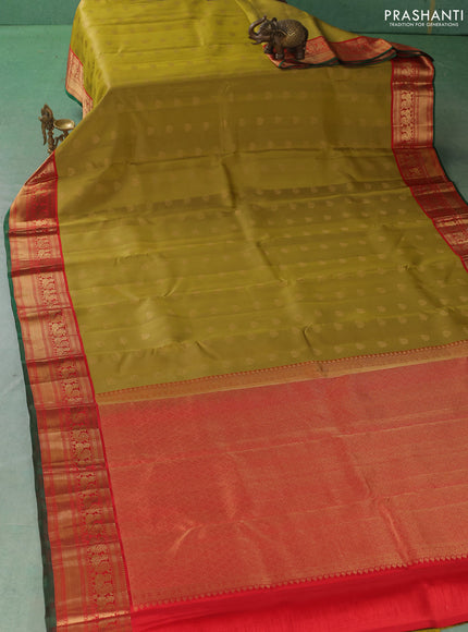Pure kanchipuram silk saree mehendi green and red with allover zari woven buttas and zari woven korvai border