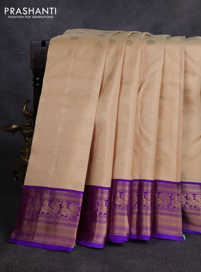 Pure kanchipuram silk saree beige and royal blue with zari woven buttas and zari woven korvai border