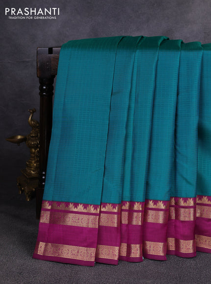 Pure kanchipuram silk saree teal green and magenta pink with allover checked pattern and rettapet zari woven border