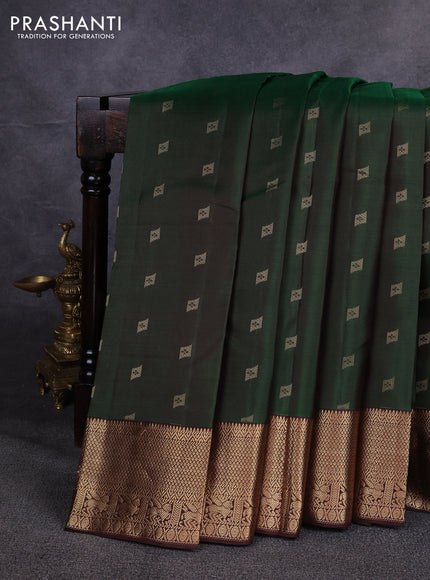 Pure kanchipuram silk saree bottle green and coffee brown with allover zari woven buttas and zari woven border