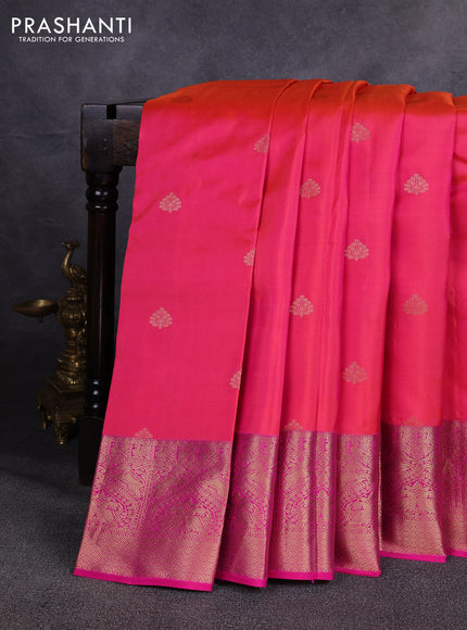 Pure kanchipuram silk saree dual shade of pinkish orange and pink with zari woven buttas and zari woven border