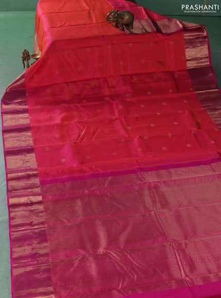 Pure kanchipuram silk saree dual shade of pinkish orange and pink with zari woven buttas and zari woven border