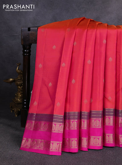 Pure kanchipuram silk saree peach orange and pink with zari woven buttas and rettapet zari woven border