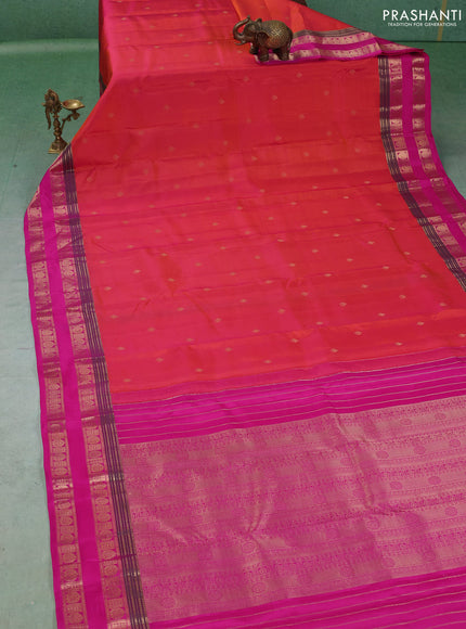 Pure kanchipuram silk saree peach orange and pink with zari woven buttas and rettapet zari woven border