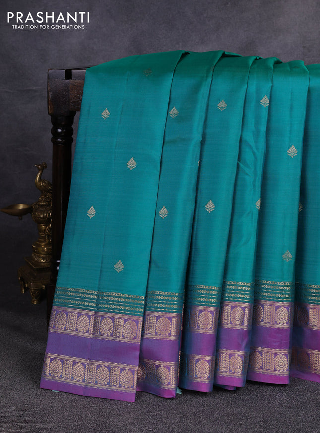 Pure kanchipuram silk saree teal green and pink with zari woven buttas and rettapet zari woven border