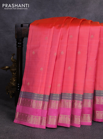 Pure kanchipuram silk saree peach orange and pink with zari woven buttas and rettapet zari woven border