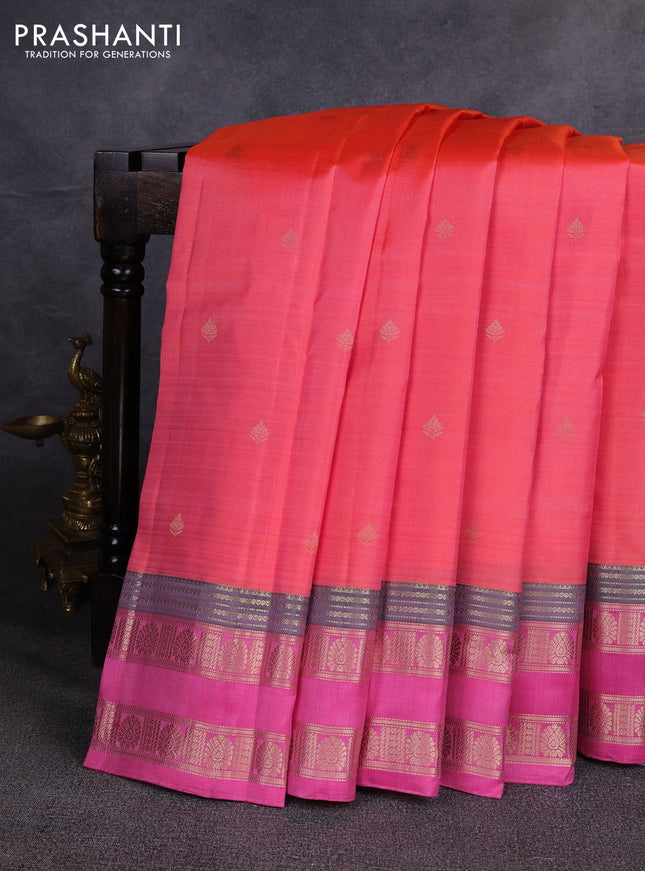 Pure kanchipuram silk saree peach orange and pink with zari woven buttas and rettapet zari woven border