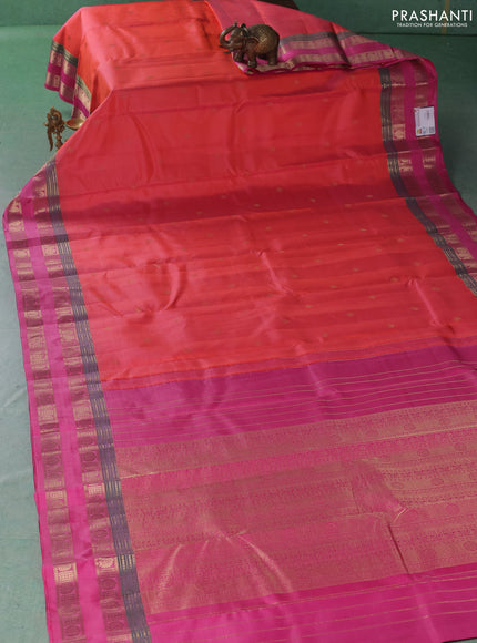 Pure kanchipuram silk saree peach orange and pink with zari woven buttas and rettapet zari woven border