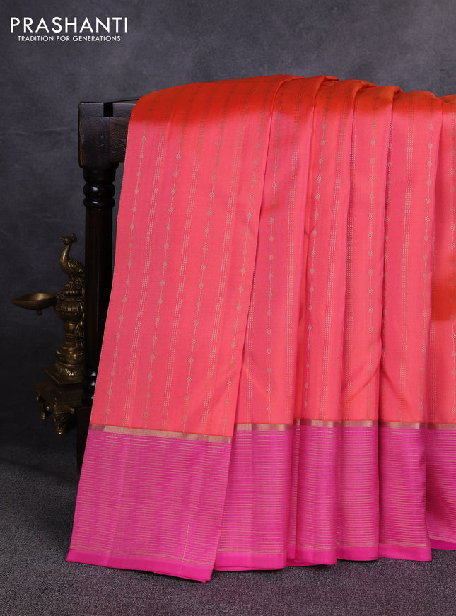 Pure kanchipuram silk saree peach orange and pink with allover zari weaves & buttas and zari woven border