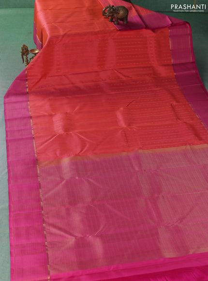 Pure kanchipuram silk saree peach orange and pink with allover zari weaves & buttas and zari woven border