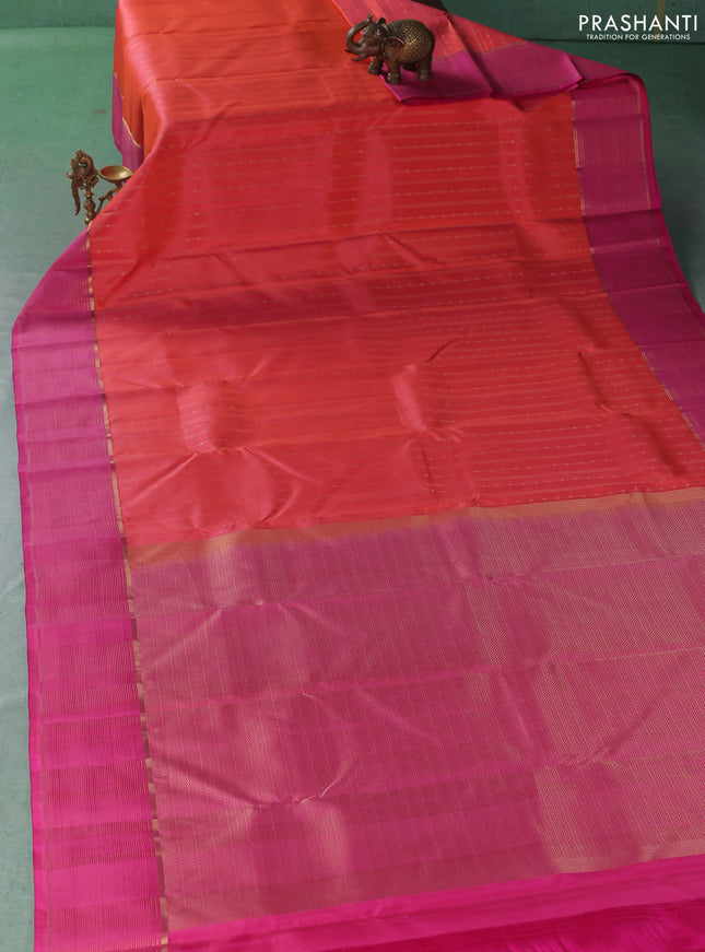 Pure kanchipuram silk saree peach orange and pink with allover zari weaves & buttas and zari woven border