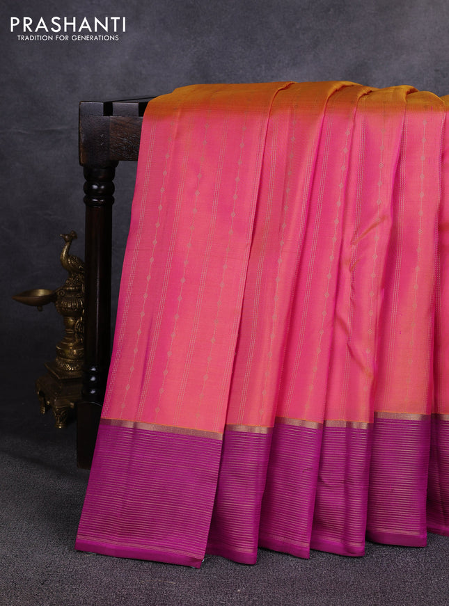 Pure kanchipuram silk saree dual shade of pink and magenta pink with allover zari weaves & buttas and zari woven border