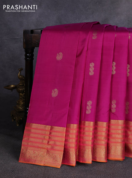 Pure kanchipuram silk saree dark pink and mustard yellow with annam zari woven buttas and zari woven border