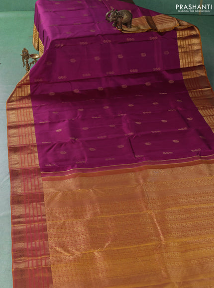 Pure kanchipuram silk saree magenta pink and mustard yellow with zari woven buttas and zari woven border