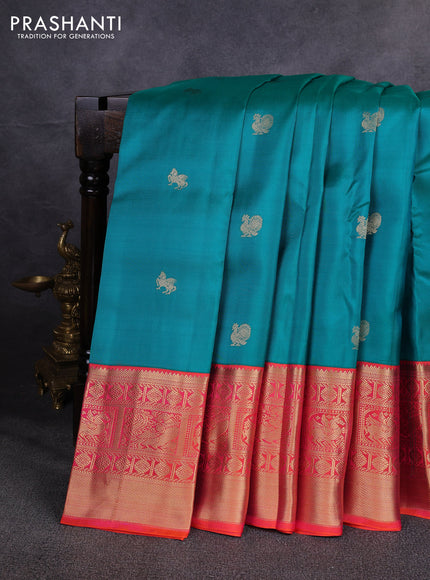 Pure kanchipuram silk saree teal green and orange with zari woven buttas and long zari woven korvai border