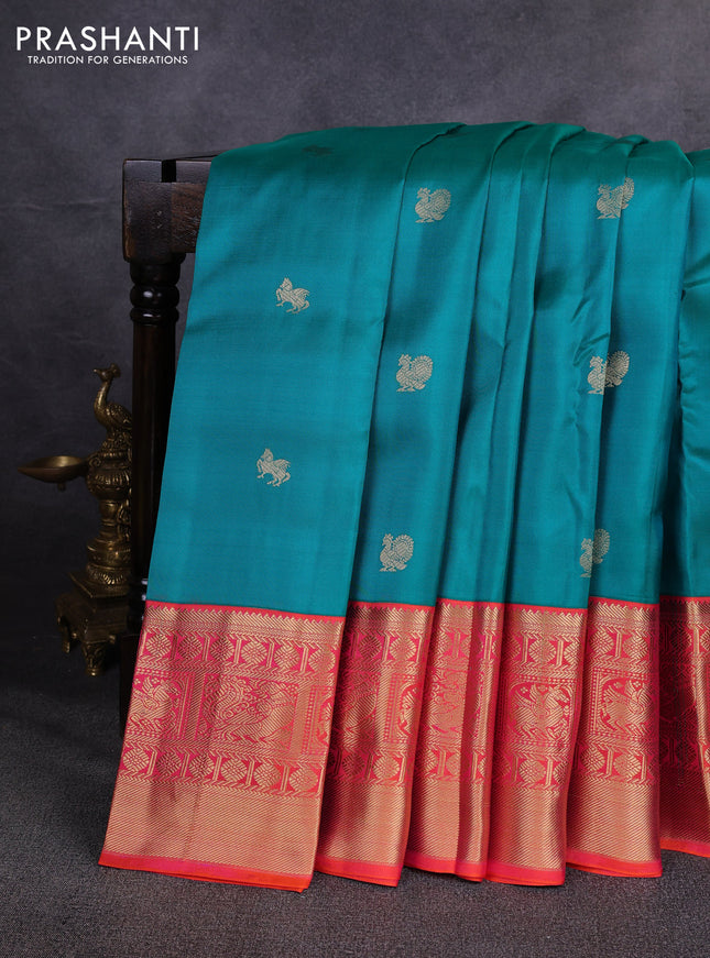 Pure kanchipuram silk saree teal green and orange with zari woven buttas and long zari woven korvai border