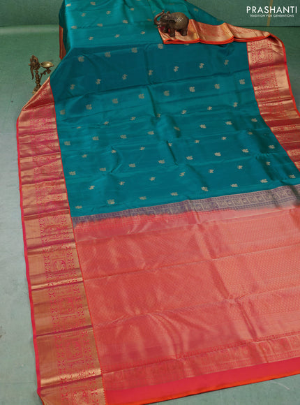 Pure kanchipuram silk saree teal green and orange with zari woven buttas and long zari woven korvai border