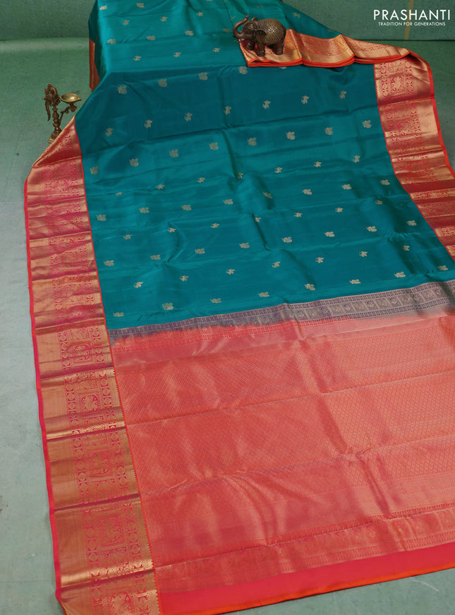 Pure kanchipuram silk saree teal green and orange with zari woven buttas and long zari woven korvai border