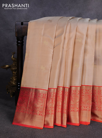 Pure kanchipuram silk saree beige and orange with allover zari woven buttas and long zari woven korvai border