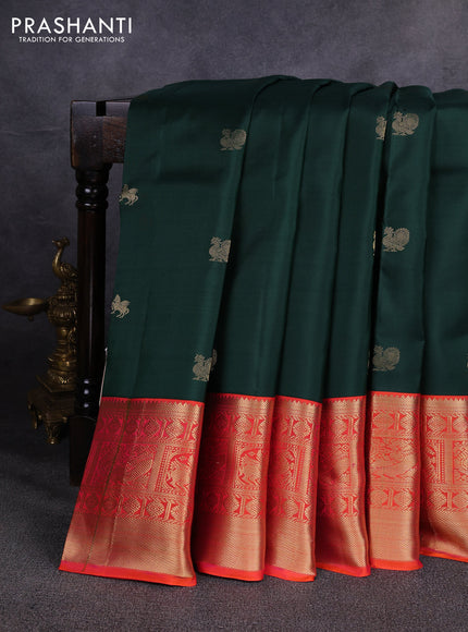 Pure kanchipuram silk saree bottle green and orange with allover zari woven buttas and long zari woven korvai border