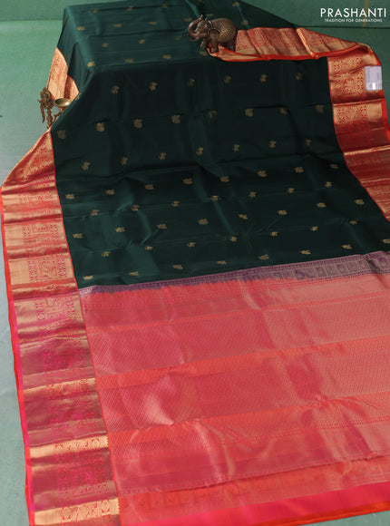 Pure kanchipuram silk saree bottle green and orange with allover zari woven buttas and long zari woven korvai border