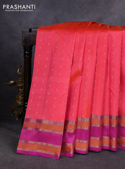 Pure kanchipuram silk saree peach orange and magenta pink with allover zari woven 1000 buttas and rettapet thread & zari woven border