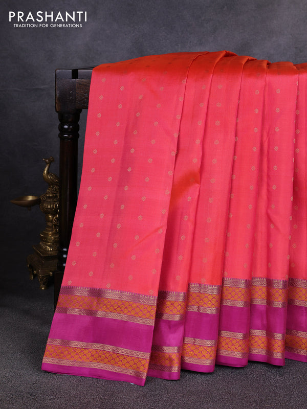 Pure kanchipuram silk saree peach orange and magenta pink with allover zari woven 1000 buttas and rettapet thread & zari woven border