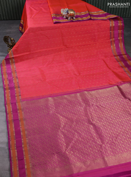 Pure kanchipuram silk saree peach orange and magenta pink with allover zari woven 1000 buttas and rettapet thread & zari woven border
